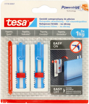 Tesa Powerstrips samoprzylepne gwoździe do tapet, 2 sztuki, biało-niebieskie opakowanie, widok z przodu.