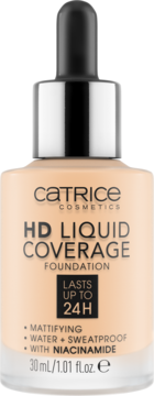 Matujący podkład Catrice HD Liquid Coverage, beżowa butelka z pipetą, widok z przodu, trwałość 24H.