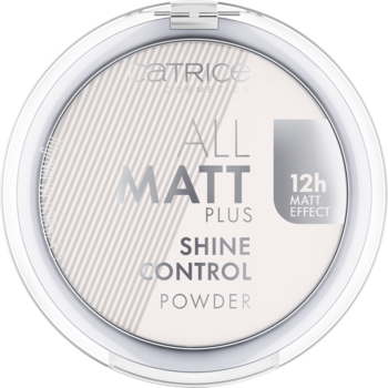 Catrice All Matt Plus Shine Control Powder, okrągły puder matujący w białej puderniczce, widok z góry.