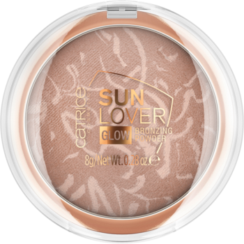 Catrice Sun Lover Glow Bronzing Powder w okrągłym, transparentnym opakowaniu, widok z góry. Beżowo-brązowy puder z marmurowym wzorem.