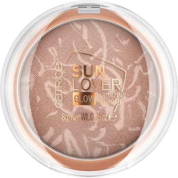 Catrice Sun Lover Glow Bronzing Powder w okrągłym, transparentnym opakowaniu, widok z góry. Beżowo-brązowy puder z marmurowym wzorem.