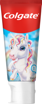 Dziecięca pasta Colgate 3+ z białym jednorożcem i tęczą. Kolorowa tuba 50ml, widok z przodu.