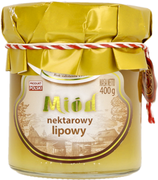 Słoik polskiego miodu lipowego 400g z żółtym miodem, złotą folią na wieczku i etykietą z wiejskim pejzażem.