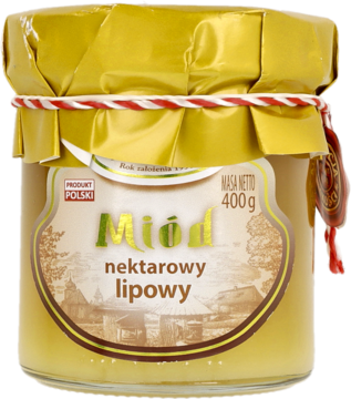 Słoik polskiego miodu lipowego 400g z żółtym miodem, złotą folią na wieczku i etykietą z wiejskim pejzażem.