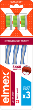 Zestaw 3x Elmex Ultra Soft wymiennych główek szczoteczki z zielonym włosiem (5460 włosków), widok z przodu.