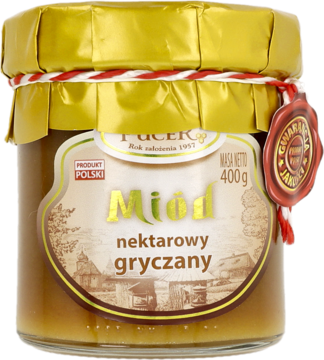 Widok z przodu słoika polskiego miodu gryczanego 400g, z ciemną zawartością, kremową etykietą i złotą zakrętką.