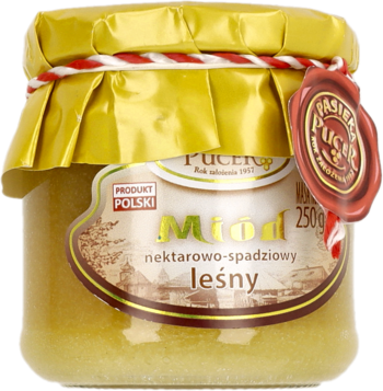 Frontowy widok słoika 250g polskiego miodu leśnego nektarowo-spadziowego z żółtym wieczkiem i pieczęcią.