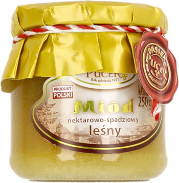 Frontowy widok słoika 250g polskiego miodu leśnego nektarowo-spadziowego z żółtym wieczkiem i pieczęcią.