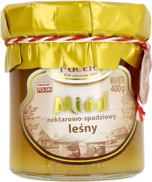 Słoik miodu nektarowo-spadziowego leśnego Pucero 400g, z złotym wieczkiem i etykietą „Produkt Polski”.