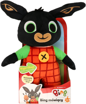 Mówiąca pluszowa figurka Bing w zielonym sweterku i pomarańczowych ogrodniczkach, w opakowaniu.