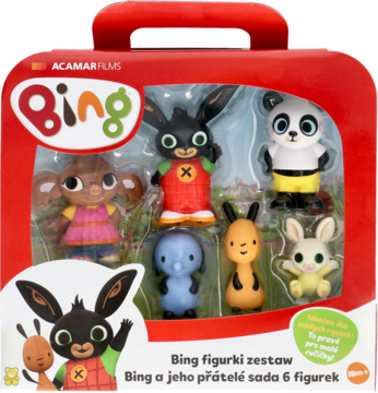 Zestaw 6 figurek Binga w czerwonym pudełku z rączką, w tym Bing, Sula, Pando, widoczne przez folię.