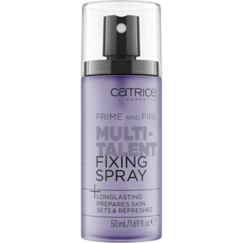 Fioletowy spray utrwalający Catrice Multi-Talent Fixing Spray 50ml z przezroczystą nakrętką, widok z przodu.