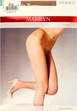 Marilyn Vita Bassa 20: opakowanie cielistych rajstop biodrówek z szerokim pasem, widok na nogę modelki.