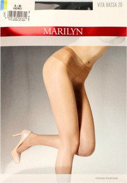 Opakowanie rajstop biodrówek Marilyn, półmatowych, cielistych, z szerokim pasem, modelka na froncie.