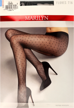 Opakowanie wzorzystych rajstop Marilyn Flores 716, czarne w drobne kropki. Widok z przodu z modelem.