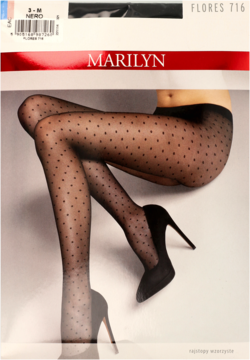 Opakowanie czarnych wzorzystych rajstop Marilyn w groszki, prezentujące modelkę w produkcie i szpilkach.