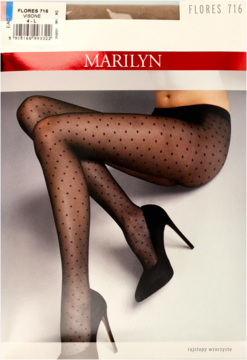 Czarne rajstopy Marilyn Flores 716 w drobne serduszka, widok nóg na opakowaniu. Wygodne, wzorzyste.