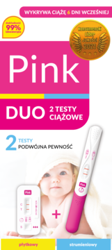 Różowe opakowanie testu ciążowego Pink Duo, w zestawie test płytkowy i strumieniowy, wykrywa ciążę 6 dni wcześnie.