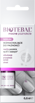 BIOTEBAL mocne paznokcie serum w białym pudełku z fioletowymi napisami, widok z przodu, 6,6ml.