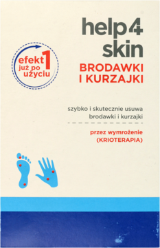Front białe opakowanie help4skin na brodawki i kurzajki, metoda krioterapii, efekt po 1 użyciu, ilustracje stóp/dłoni.