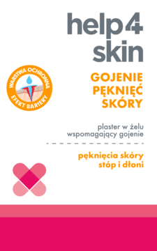 help4skin plaster w żelu do gojenia pęknięć skóry stóp i dłoni. Opakowanie z symbolem bariery ochronnej.