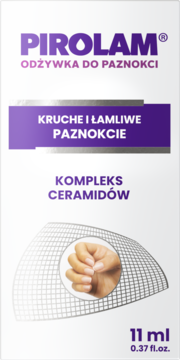 Białe opakowanie Pirolam Odżywki do paznokci dla kruchych i łamliwych, z kompleksem ceramidów, 11 ml.