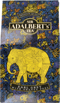 Front opakowania herbaty Sir Adalbert's Earl Grey z pomarańczą. Granatowe tło, duży, ozdobny żółty słoń.