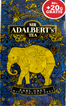 Sir Adalbert's Earl Grey with Orange Peel tea box, dark blue with golden elephant, 80g +20g free, front view.