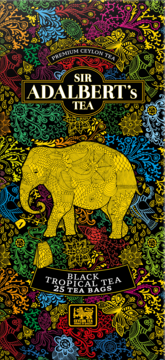 Pudełko herbaty Sir Adalbert's Premium Ceylon Black Tropical Tea, 25 torebek, z barwnym wzorem i złotym słoniem.