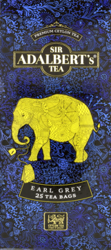 Sir Adalbert's Earl Grey, niebieska paczka herbaty z ozdobnym żółtym słoniem, widok z przodu, 25 torebek.