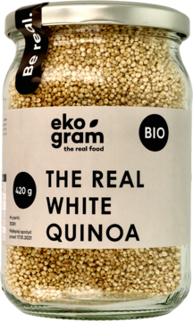 Przezroczysty szklany słoik Eko Gram z białą komosą ryżową quinoa 420g, widok z przodu, etykieta BIO.
