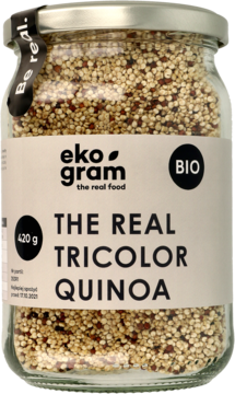 Słoik Eko Gram Tricolor Quinoa 420g, widok z przodu, beżowa etykieta, ziarna białe, czerwone, czarne.