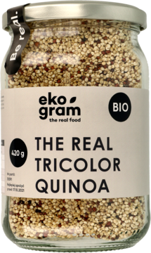 Słoik Eko Gram Tricolor Quinoa 420g, widok z przodu, beżowa etykieta, ziarna białe, czerwone, czarne.