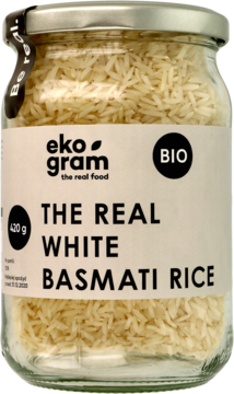 Słoik Ekogram BIO biały ryż basmati 420g, biała etykieta z czarnym napisem, widok z przodu.