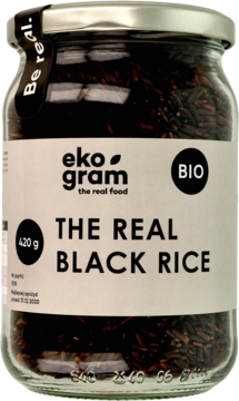 Przezroczysty słoik Eko Gram 'THE REAL BLACK RICE' BIO ryżu czarnego 420g, z etykietą 'Be real'. Widok z przodu, czarne ziarna.