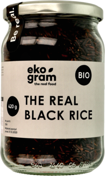 Przezroczysty słoik Eko Gram 'THE REAL BLACK RICE' BIO ryżu czarnego 420g, z etykietą 'Be real'. Widok z przodu, czarne ziarna.