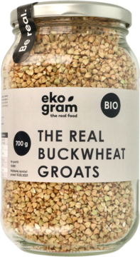 Szklany słoik 700g ekologicznej niepalonej kaszy gryczanej Eko Gram, etykieta The Real Buckwheat Groats.