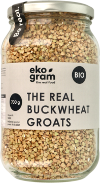 Szklany słoik 700g ekologicznej niepalonej kaszy gryczanej Eko Gram, etykieta The Real Buckwheat Groats.