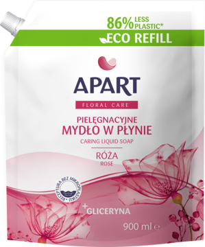 Apart Pielęgnacyjne Mydło w Płynie Róża z gliceryną 900ml, biały eko-wkład, przód opakowania.