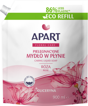 Apart Pielęgnacyjne Mydło w Płynie Róża z gliceryną 900ml, biały eko-wkład, przód opakowania.