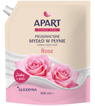 Apart Pielęgnacyjne Mydło w Płynie Rose, saszetka 900ml. Beżowa z różowymi różami i gliceryną, przód.