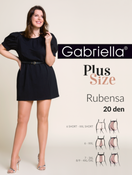 Uśmiechnięta kobieta prezentuje cieliste, półmatowe rajstopy Gabriella Plus Size Rubensa 20 den, widok całościowy.