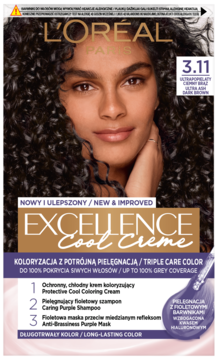 L'Oréal Excellence Cool Creme 3.11 Ultra Cool Dark Brown hair dye box, front view with woman's face, curly dark hair.