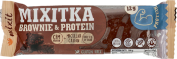 Mixitka Brownie & Protein bar, brązowe opakowanie, 12g białka, widoczne kawałki brownie, bezglutenowy.