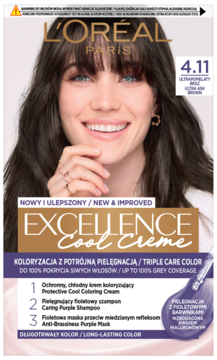 Pudełko farby L'Oréal Excellence Cool Creme 4.11 Ultra-Cool Brown, z potrójną pielęgnacją i fioletową maską.