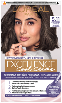Front pudełka farby L'Oréal Excellence Cool Creme 5.11 Ultra Light Brown, z wizerunkiem kobiety.