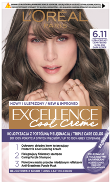 L'Oréal Excellence Cool Creme 6.11 Ultra Dark Blonde, farba do włosów z potrójną pielęgnacją, widok z przodu.