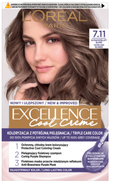 L'Oréal Excellence Cool Creme 7.11, farba do włosów, pudełko z kobietą i potrójną pielęgnacją.