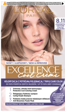 L'Oréal Excellence Cool Crème 8.11, opakowanie farby do włosów ultra popielaty blond z fioletową technologią.