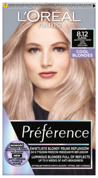 L'Oréal Paris Préférence farba do włosów 8.12 Alaska, chłodny blond, przód opakowania z modelem.